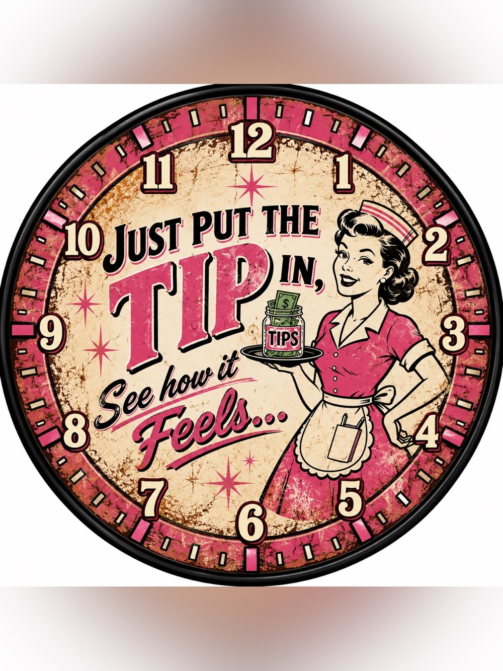 Vintage-Style Pink 'Just Put the Tip In' Wall Clock Sign - Brand: